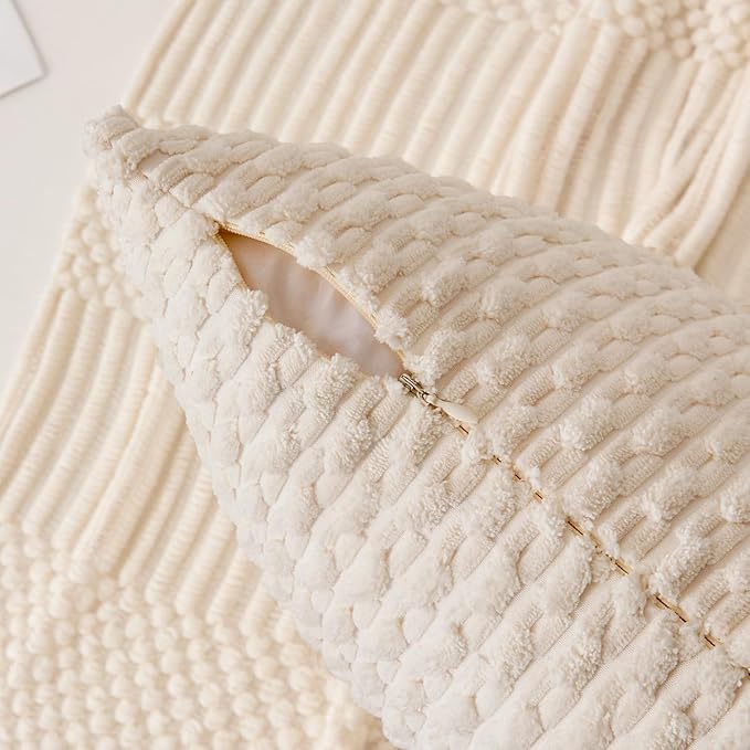 Kevin Textile 12x20 Inch Pillow Cover 1 Pack Boho Decorative Soft Striped Corduroy Lumbar Farmhouse Solid Color Accent Rectangle Cushion Case for Living Room Couch Sofa Bed, Cream White