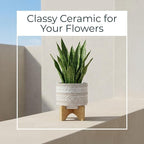 Ceramic Planter with Elevated Stand – Bamboo Indoor Plant Stand, Display for Greenery, Shelf or Patio Placement – Tribal Boho Design for Sculptural Height, Home Decor, Outdoor Decor – 8", Ivory