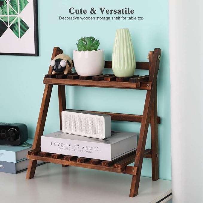 2 Tier Tabletop Plant Stand Step Style Desktop Storage Organizer Wood Display Shelf Decorative Storage Rack, Foldable Small Plant Shelf