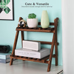 2 Tier Tabletop Plant Stand Step Style Desktop Storage Organizer Wood Display Shelf Decorative Storage Rack, Foldable Small Plant Shelf
