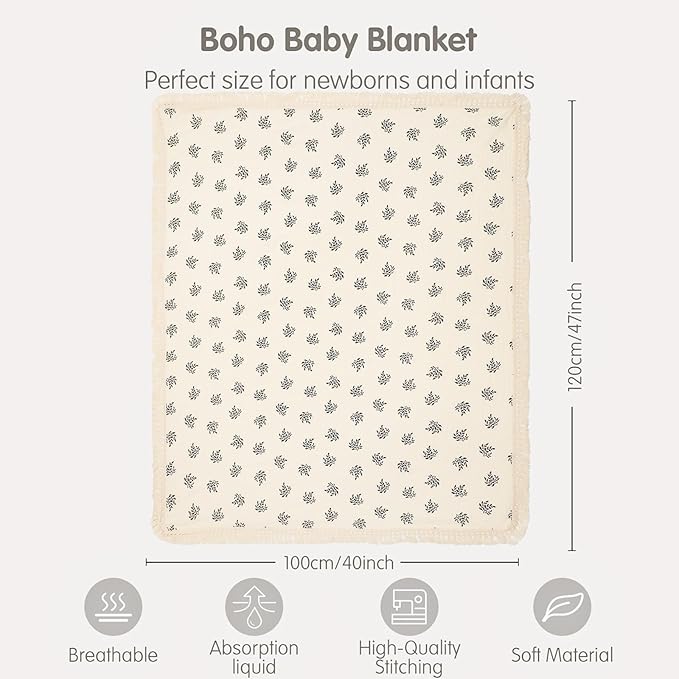 insular Cotton Muslin Baby Blanket with Tassel, Boho Bohemian Muslin Swaddle Blanket Baby Receiving Blanket with Fringe, Nursery Decor Throw or Nursing Blankets, 47" x40”, Black Leaf