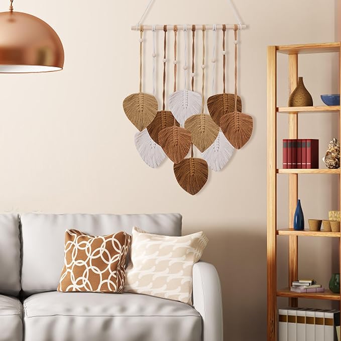 Macrame Wall Hanging Leaves Tapestry, EaseMykit Nursery Decor Leaves Woven Tapestry Feather Handmade Yarn Tassels Boho Wall Decor Leaves Art Decorations for Bedroom Living Room Apartment Home Backdrop(Autumn Brown)
