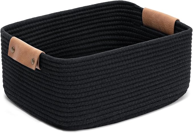 CHICVITA Cotton Rope Woven Easter Basket with Handles for Books, Magazines, Toys - Decorative Rectangle Basket for Baby Nursery, Living Room, Bathroom, Black