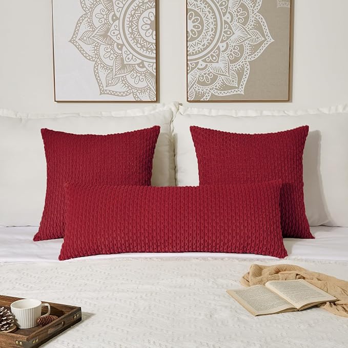 Kevin Textile Valentines 20x54 Inch Long Body Lumbar 1 Pack Boho Decorative Throw Pillow Cover Soft Striped Corduroy Rectangle Cushion Case Farmhouse Accent for Living Room Couch Sofa Bed, Burgundy