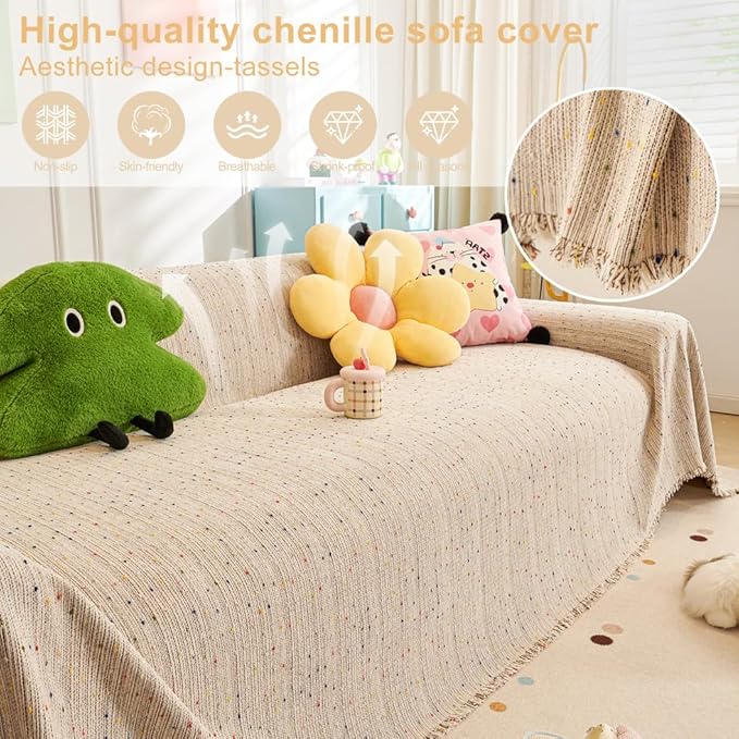 ROOMLIFE Boho Rainbow Coffee Couch Covers for 3 Cushion Sofa, Chenille Sofa Slipcovers Cover for Dog, Washable Furniture Sofa Protector Cover Soft Blanket with Tassel for Living Room, 71''X118''