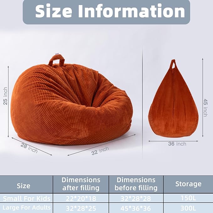 Stuffed Animal Storage Bean Bag Chair Cover, Cover Only (No Filler), Corduroy Toy Organizer Floor Cushion Seat, 48 in/120 cm Slipcover for Teens & Adults, Red