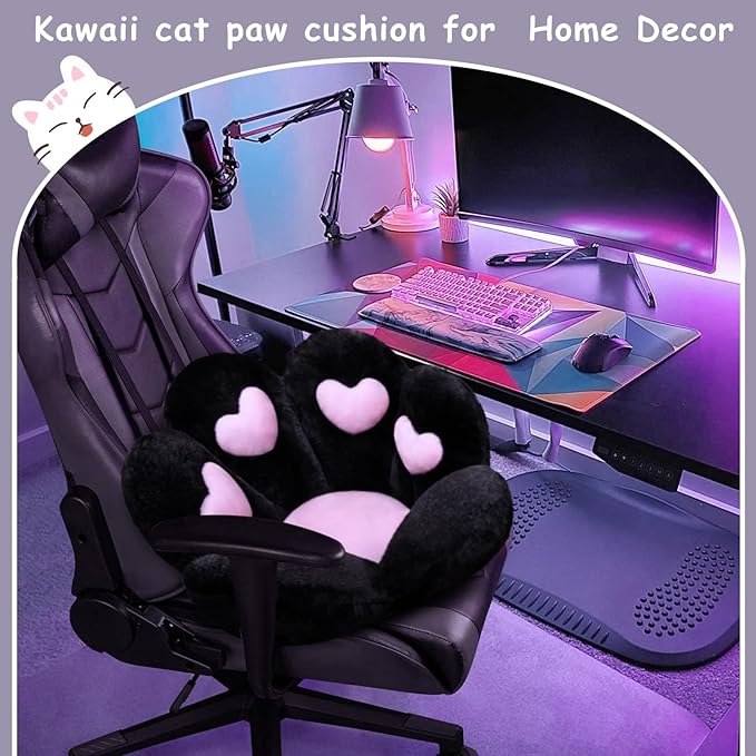Cat Paw Cushion Kawaii Office Chair Cushion Comfy Plush Gaming Chair Cushion Kawaii Seat Cushion for Girl, Cute Gaming Accessories Room Bedroom Decorate 28"x 24" (Black)
