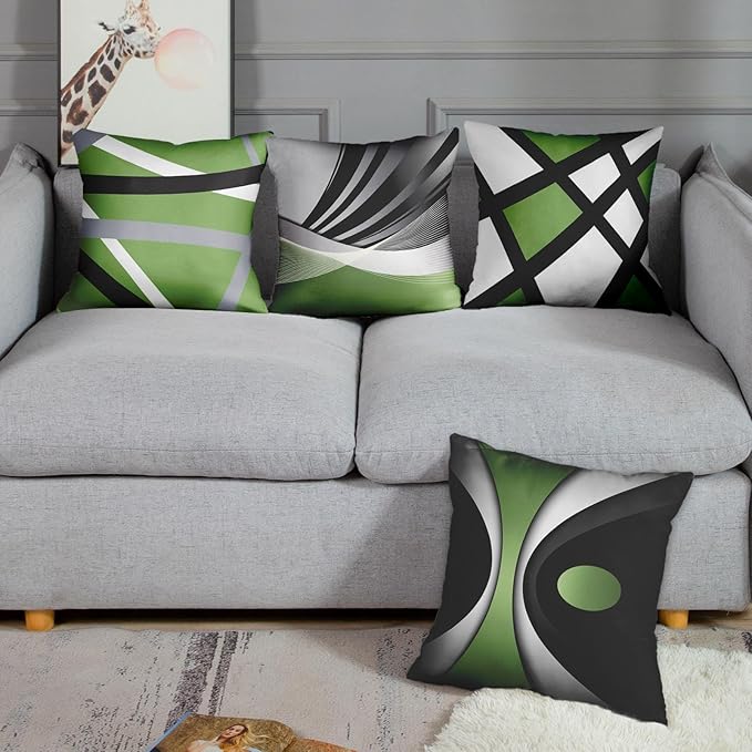 Emvency Set of 4 Green Throw Pillow Covers Modern Abstract Black Grey White Stripes Acrylic Bold Decorative Pillow Cases Home Decor Square 18x18 Inches Pillowcases