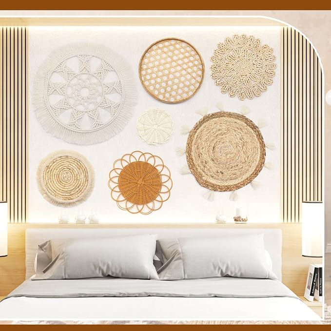 iChuan Boho Wall Hanging Basket Decor Set – 10-Piece Macrame and Woven Wall Art, Handmade Tapestry Wall Decor Seagrass Ornaments Round Tassels for Living Room, Bedroom, Nursery