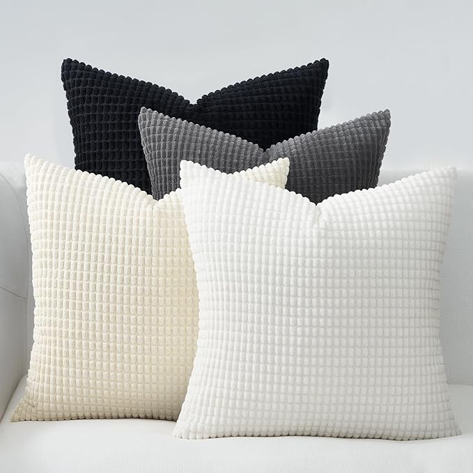 Topfinel 4 Packs Black and WhiteDecorative Throw Pillow Covers 22x22 Inch for Living Room Couch Bed Sofa, Boho Western Farmhouse Home Decor, Square Soft Moss Corduroy Fall Cushion Case 55x55 cm