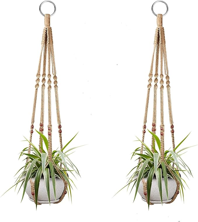 Macrame Plant Hanger Indoor Hanging Planter Basket with Wood Beads Decorative Flower Pot Holder No Tassels for Indoor Outdoor Boho Home Decor 35 Inch, Ivory (POTS NOT Included)