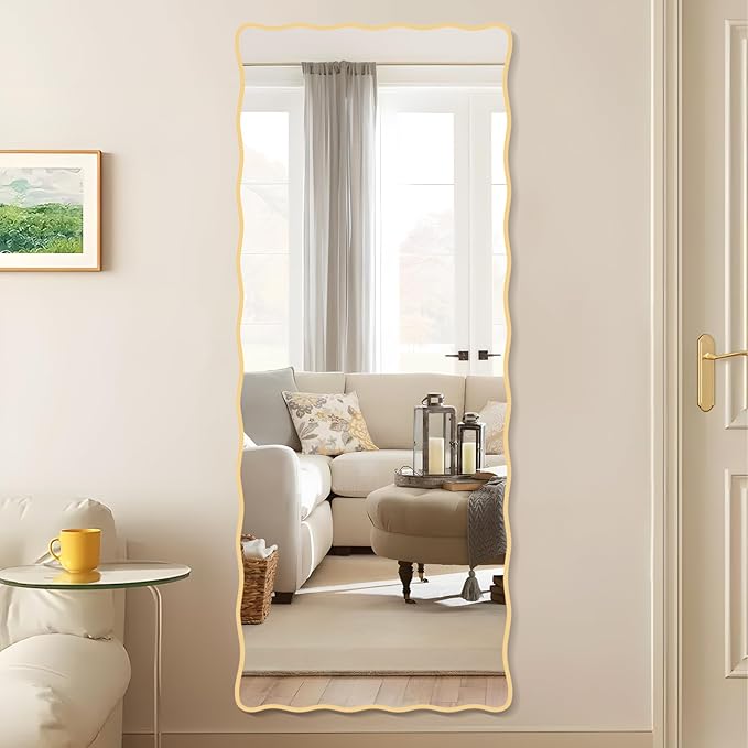 60X24 Inch Gold Wavy Bathroom Mirror for Wall, Scalloped Bathroom Vanity Mirror Farmhouse, Large Rectangle Mirror, Tempered Glass, Hangs Horizontally or Vertically