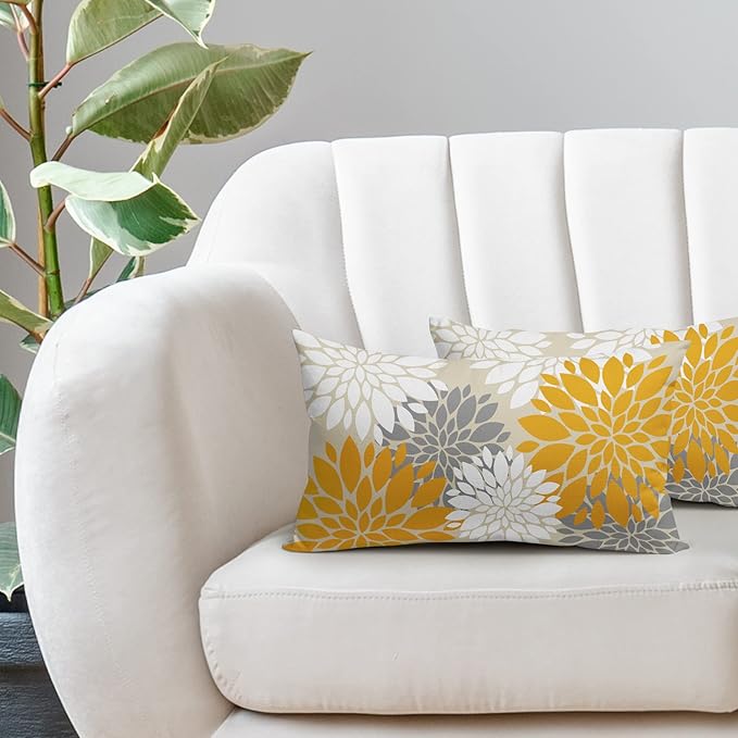 Yellow White Grey Gray Pillow Covers 12X20 Inch Set of 2, Modern Dahlia Floral Print Decorative Rectangle Throw Pillow Covers Outdoor Farmhouse Cushion Case for Home Couch Sofa Bed Decoration