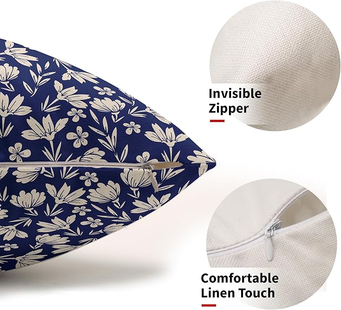 Navy Blue Pillow Covers 12x20 Set of 2 Vintage Floral Rustic Old Style Cute Flower Print Rectangle Decorative Outdoor Pillowcases Seasonal Farmhouse Throw Cushion Case Couch Sofa Bed Decor