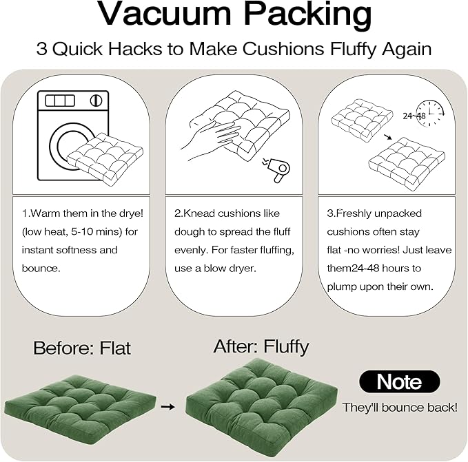 Tromlycs Floor Cushions Pillows for Adults Sitting Large Square Seating Pillow Gel Memory Foam 20 x 20 x 4 Inch Green Set of 2