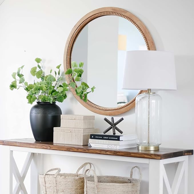 sawsile Round Wood Mirror,32 inch Circle Rustic Farmhouse Natural Wooden Frame Boho Beads Wall Mirror for Bathroom,Living Room,Bedroom or Entryway