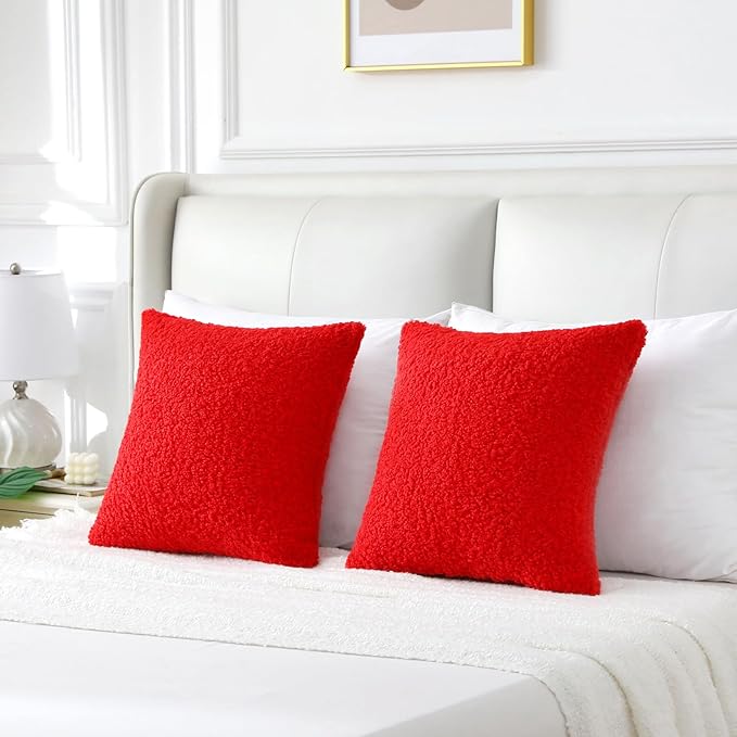 FUTEI Red Throw Pillow Covers 18x18 Inch Set of 2,Furry Faux Fur Teddy Boucle Textured Cushion Covers,Soft Fluffy Decorative Pillow Case,Home Decor for Couch Bed Living Room Office Car