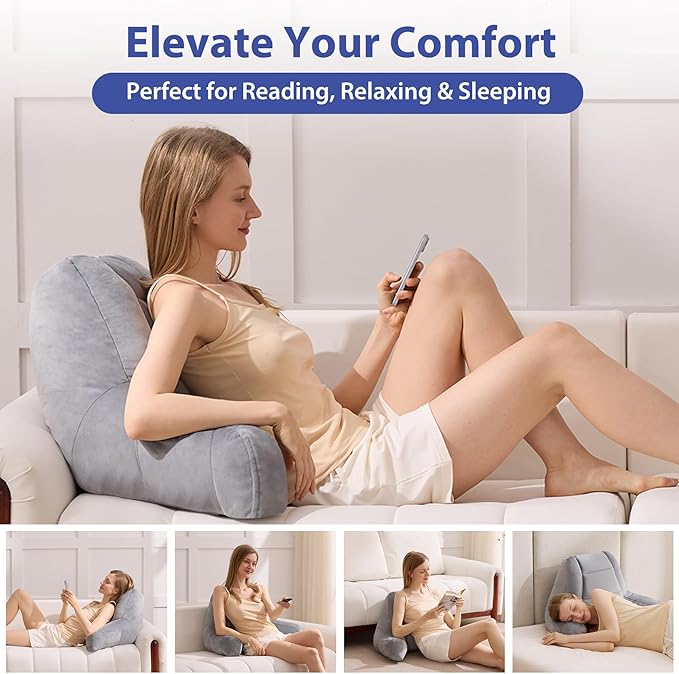 Reading Pillows for Sitting in Bed Adult, Back Pillow for Bed Sitting Up, Backrest Pillows with Shredded Foam for Adult&Teens, Support Pillow with Arms for Beds, Couch, Floor, 18in, Grey