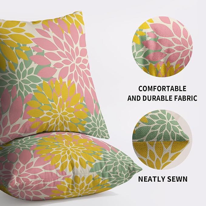 Yellow Pink Green Spring Pillow Covers 24X24 Inch Set of 2, Modern Dahlia Floral Print Decorative Throw Pillow Covers Outdoor Farmhouse Cushion Case for Home Couch Sofa Bed Decoration