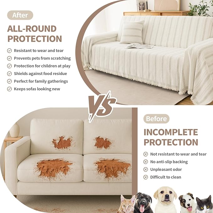Couch Cover for Dogs, Boho Sofa Covers for 3 Cushion Couch, Chenille Sofa Slipcover for Pets Washable, L-Shape Sectional Loveseat Cover Soft Throw Blankets with Tassels(91x118,Striped Beige)
