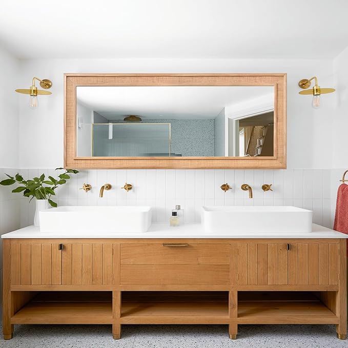 Rattan Full Length Mirror,14"x48" Long Rattan Wall Mirror,Wooden Mirror with Wicker Frame,Decorative Full Body Mirror Hanging,Farmhouse Rectangle Floor Mirror for Bathroom Living Dressing Room Nature