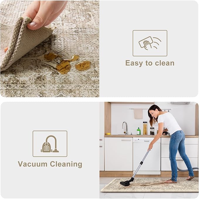 KIMODE Kitchen Mat for Floor Cushioned Anti Fatigue, Boho Vintage Kitchen Rugs Sets of 2, Non Slip Waterproof Kitchen Floor Mats, Comfort Standing Mats for Sink Laundry Desk Khaki 20"x59"+20"x32"