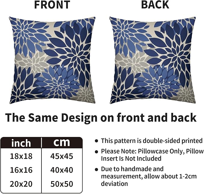 Blue Grey Gray Pillow Covers 20X20 Inch Set of 2, Dahlia Flower Spring Summer Floral Cream Decorative Throw Pillow Covers Outdoor Modern Farmhouse Cushion Case for Home Couch Sofa Bed Decor