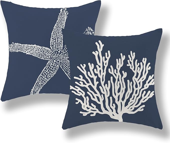 Blue Starfish Pillow Covers 24x24 Inch Set of 2, Nautical Ocean Coastal blue Coral Throw Pillows Spring Summer Decorations Linen Pillowcase Outdoor Decor Farmhouse Cushion Case for Home Holiday