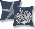 Navy Blue Coral Starfish Pillow Covers 16x16 Inch Set of 2 Coastal Throw Pillows Spring Summer Nautical Beach Ocean Decorations Linen Pillowcase Outdoor Decor Farmhouse Cushion Case for Home