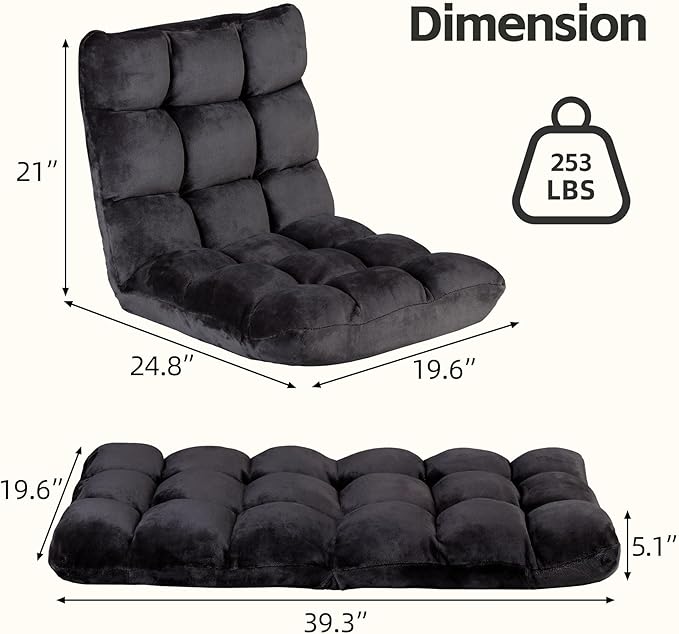 SUPER DEAL 14-Position Folding Floor Chair Gaming Sofa Cushioned Padded Reclining Bed Lounge Couch Seating for Comfy Reading, Reading, Gaming, Relaxing, Watching TV, Black