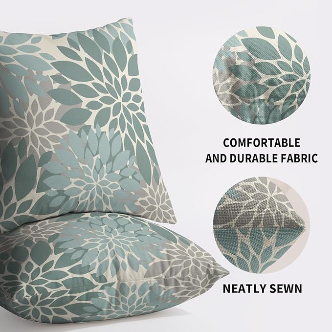 Aqua Blue Flower Pillow Covers 18X18 Inch Set of 2, Grey Gray Dahlia Floral Spring Summer Cream Decorative Throw Pillow Covers Outdoor Modern Farmhouse Cushion Case for Home Couch Sofa Bed Decor