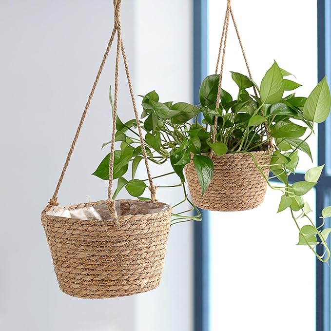 Ejoyous Hanging Planter Basket, Rustic Woven Flower Hangers for Indoor and Outdoor Plants Boho Style Hanging Straw Basket for Porches and Patio Decor (2pcs)