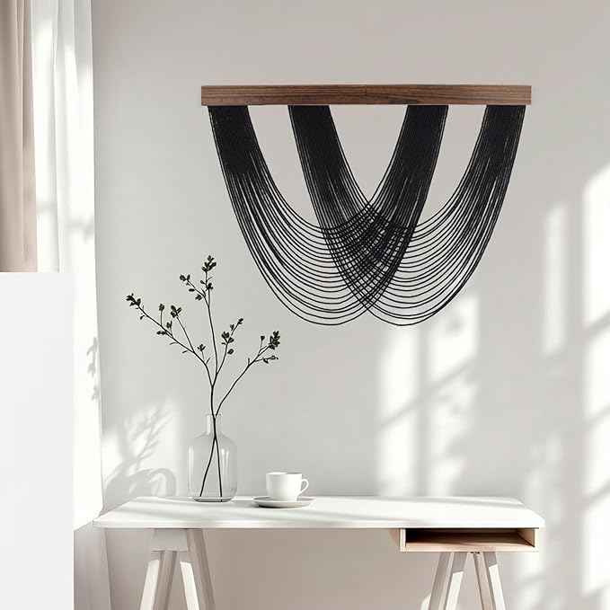 EOBTAIN Large Macrame Wall Hanging Black Yarn Tassel Woven Tapestry with Wood Board,Handmade Boho Wall Decor for Bedroom Apartment Balcony Living Room Decorations,31.5x24.4 Inch