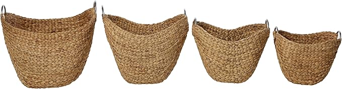 Deco 79 Seagrass Handmade Decorative and Functional Storage Basket Woven Curved Basket Organizer with Silver Metal Handles, Set of 4 Basket for Storage 14", 16", 19", 21"W, Brown