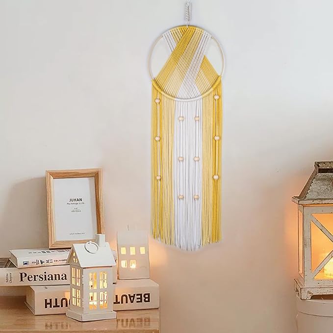 LB Boho Yellow Macrame Wall Hanging Handmade Woven Cotton Tapestry with Wood Board Modern Yellow and Beige Aesthetic Wall Decor for Home, Bedroom, Living Room