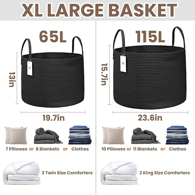 115L Extra Large Blanket Basket for Living Room - Woven Cotton Rope Laundry Hamper with Reinforced Handles - Storage Bin for Pillows, Comforters & Toys - Machine Washable,Black