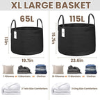 115L Extra Large Blanket Basket for Living Room - Woven Cotton Rope Laundry Hamper with Reinforced Handles - Storage Bin for Pillows, Comforters & Toys - Machine Washable,Black