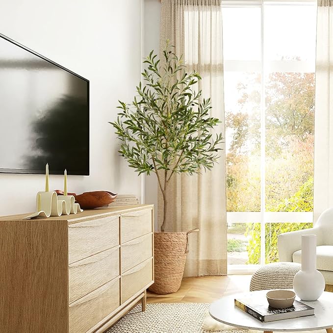 Artificial Olive Tree, 7ft Tall Fake Olive Leaves Plant with Basket, Indoor Outdoor Faux Olive Topiary Silk Tree for Home Livingroom Office Décor