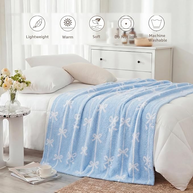 WRENSONGE Throw Blanket Vertical Stripes Bowknot Blue Soft Cozy Fluffy Warm Throw for Couch Sofa Bed Camping Picnic Travel Lightweight - 50"*60"