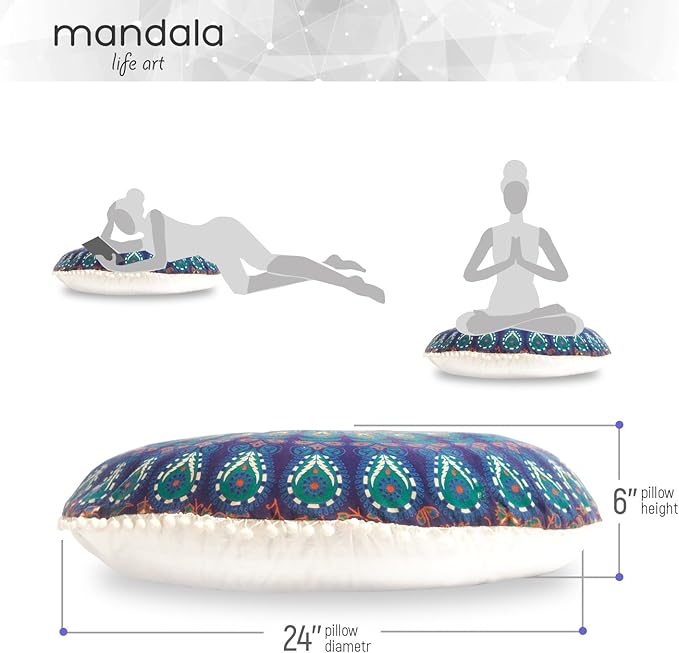 Mandala Life ART Bohemian Yoga Décor Floor Cushion Cover - Round Mediation Pillow Case - Hand Printed Organic Cotton Pouf (Pouf Cover 30", Blue Peacock)