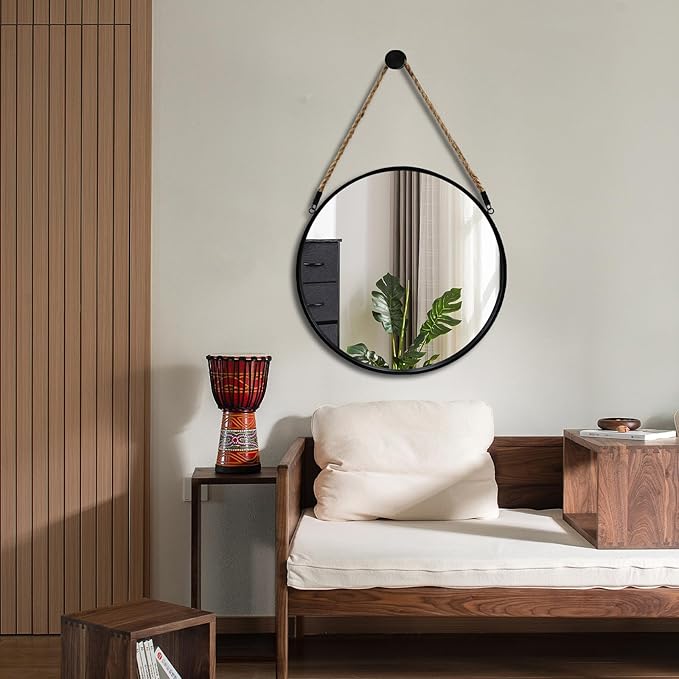 POZINO Round Hanging Mirror, 20" Rope Wall Mirrors Decorative, Black Metal Frame Circle Mirrors, Farmhouse Wall Mounted Mirrors for Bathroom, Bedroom, Living Room, Entryway, Home Decor