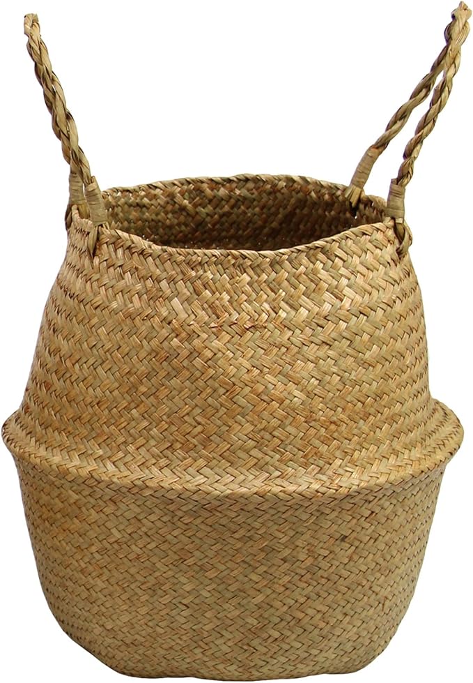 Casaphoria Woven Seagrass Belly Basket for Storage Plant Pot Indoor,Decorative Sturdy and Durable Natural Material Sea Grass Baskets with Handles,Seaweed Round Basket for Organizing(Large)