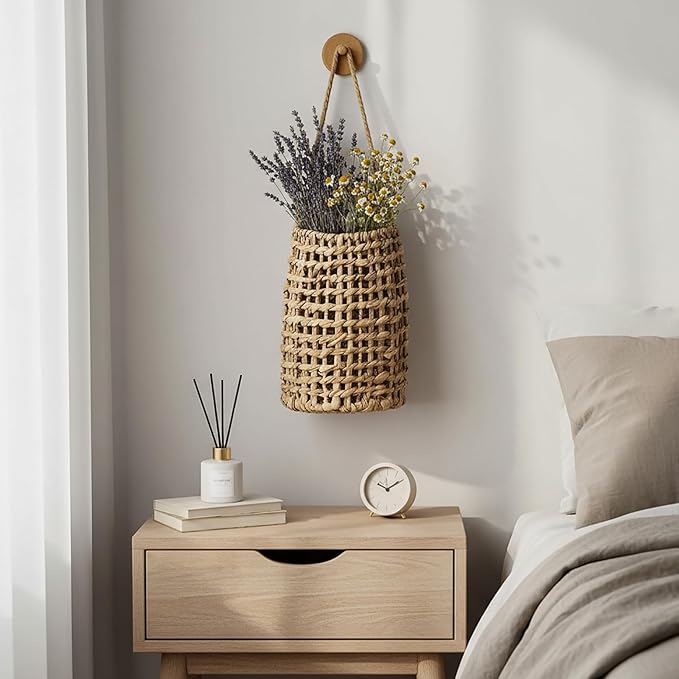 Hiceeden Woven Front Door Basket, Water Hyacinth Hanging Wall Flower Basket, Wall Decor Boho Decoration Veggies Storage Basket for Home, Pantry, Garden, Farmhouse