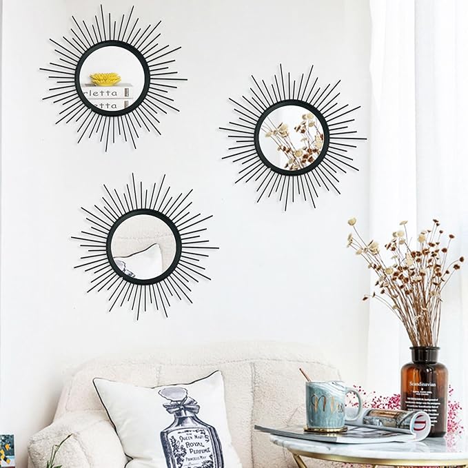 3 Pack Metal Mirrors for Wall Sunburst Wall Mirrors Home Décor Decorative Hanging Wall Art for Living Room Bedroom Entryway (Black, Sunburst)