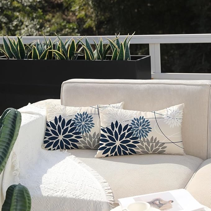 Blue and Gray Floral Pillow Covers 12x20 Set of 2 Outdoor Waterproof White Colored Decorative Throw Pillows Summer Pillowcase Polyester Cushion Case Decor for Couch Patio Funiture Garden Porch 01B12
