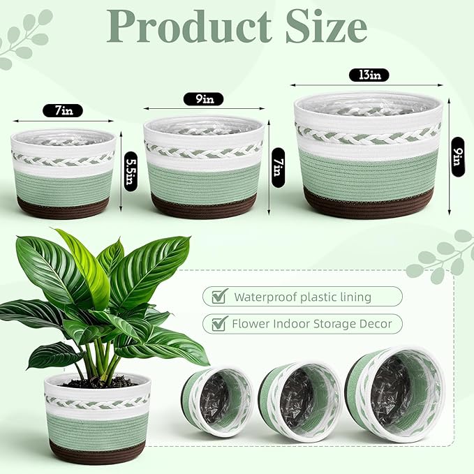 Remerry 3 Pcs 7" 9" 13" Cotton Rope Plant Baskets Indoor with Plastic Liner 3 Colorful Straw Woven Plant Basket Indoor Green Round Wicker Basket for Living Room Floor Potted Pots Decor