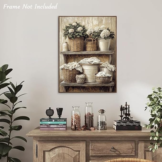 Dazzlewall Laundry Room Wall Art Decor Unframed, Rustic Vintage Floral Woven Basket Artwork Print for Laundry Bathroom Retro Farmhouse Botanical Bathroom Wall Decor, 12x16 in