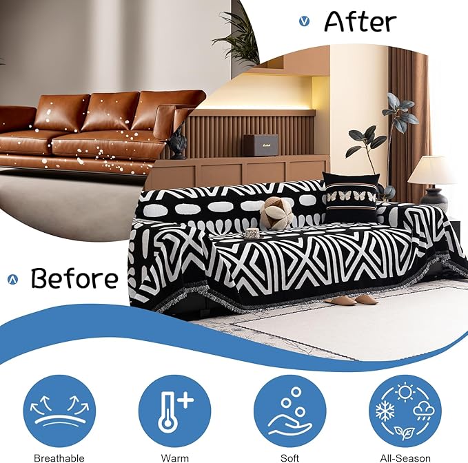 VClife Minimalism Tribal Couch Cover Non Slip White Black Geometric Jacquard Sofa Cover Washable Bohemian Style Aztec Couch Slipcover for Sectional Couch Chenille Furniture Protector 71''x150''