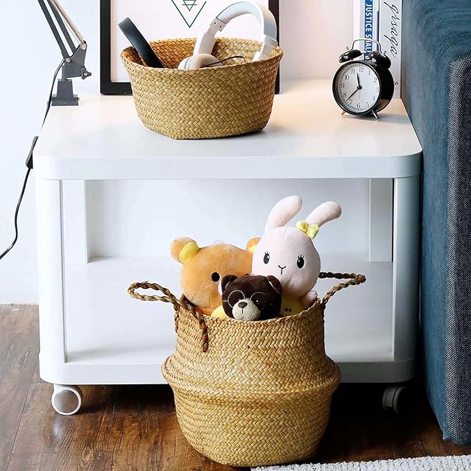 2 Pack Hand Woven Seagrass Plant Basket for Succulents,Boho Belly Plant Basket Home Storage Basket Extra Large Woven Straw Beach Bag Seagrass Flower Plant Container Modern Home Decor(Brown)