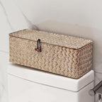 Seagrass Storage Basket for Bathroom - Wicker Toilet Tank Basket with Lid - Woven Storage Box for Organizing (Whitewash, 13" x 5" x 4.3")